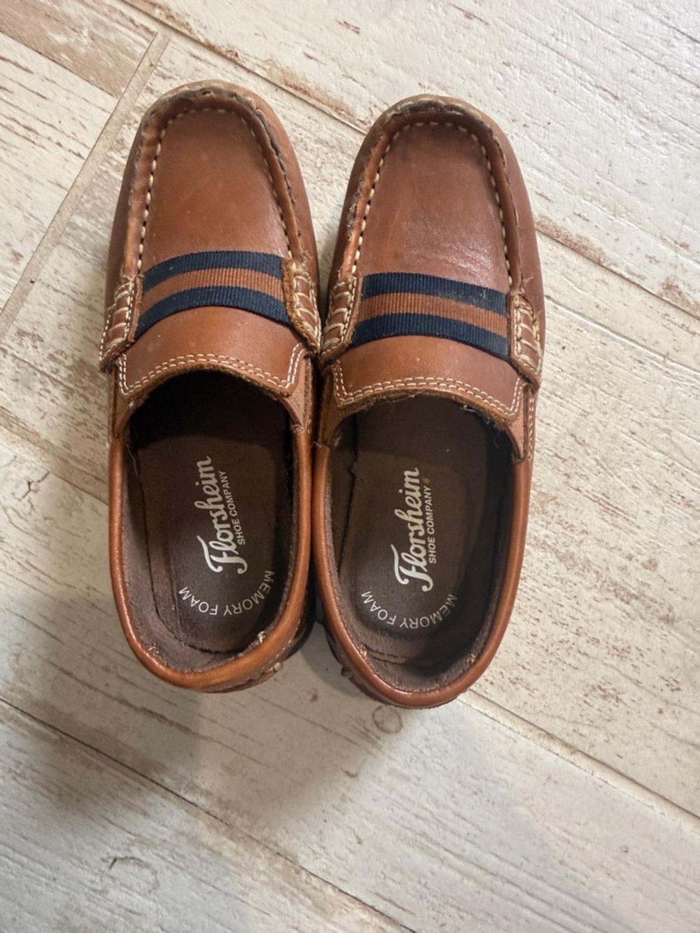 Florsheim Tan Leather Slip-On Loafers with Navy Striped Elastic